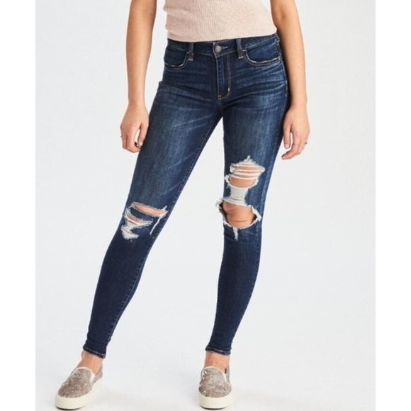 American Eagle Super Stretch X 00R Distressed Ripped Hi-Rise Jegging Denim Jeans - Picture 1 of 12